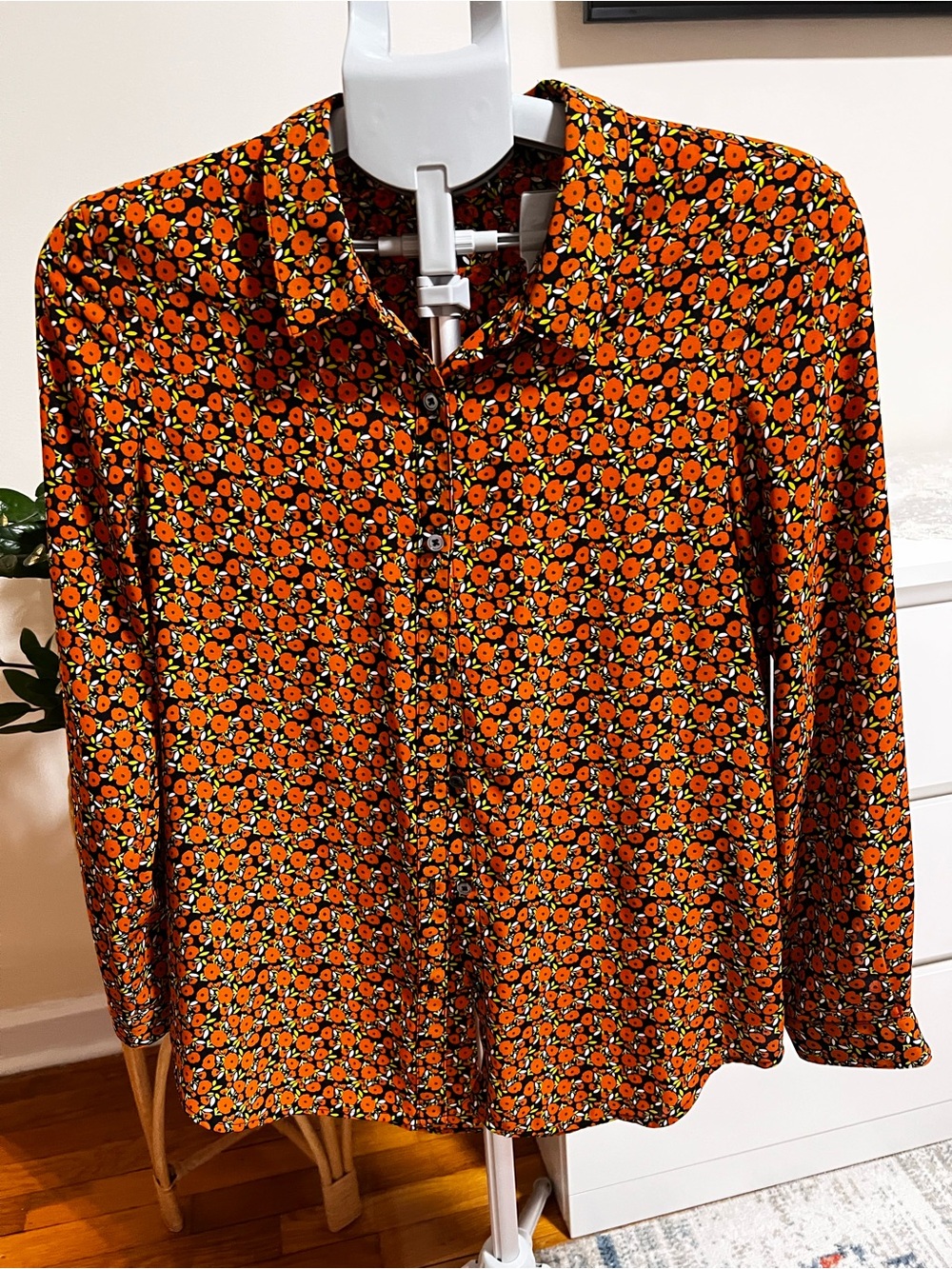 Italian Floral Button-Up Blouse | Orange and Black | Long Sleeve | Size S